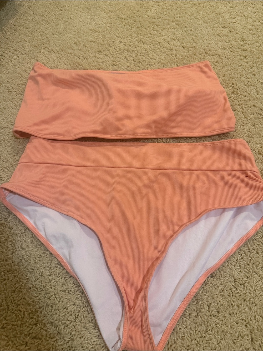 SHEIN Peach Ribbed Bandeau High-Waist Bikini Set